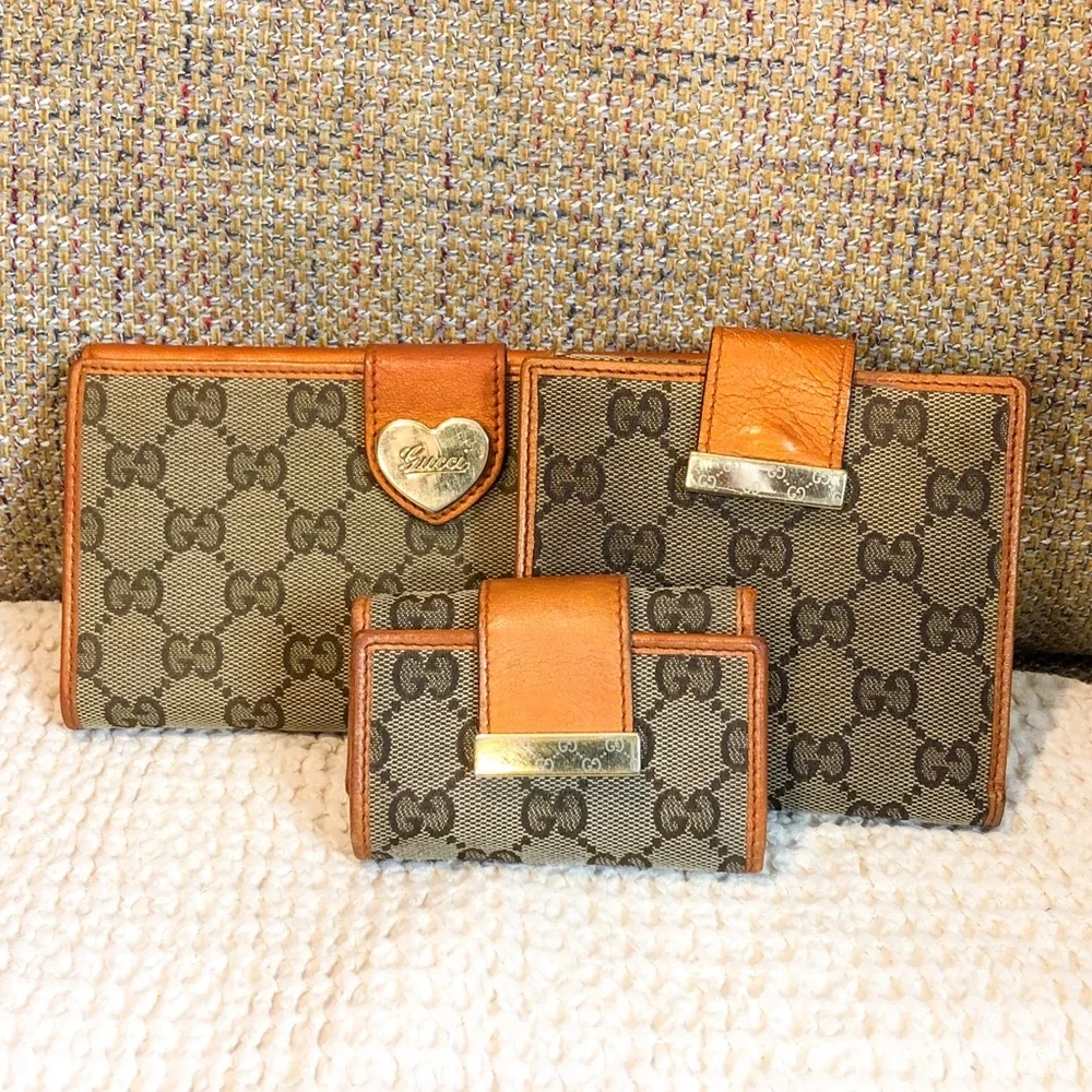 GUCCI GG Monogram Orange Leather Tan Canvas Trifold Wallet Vintage AUTHENTIC